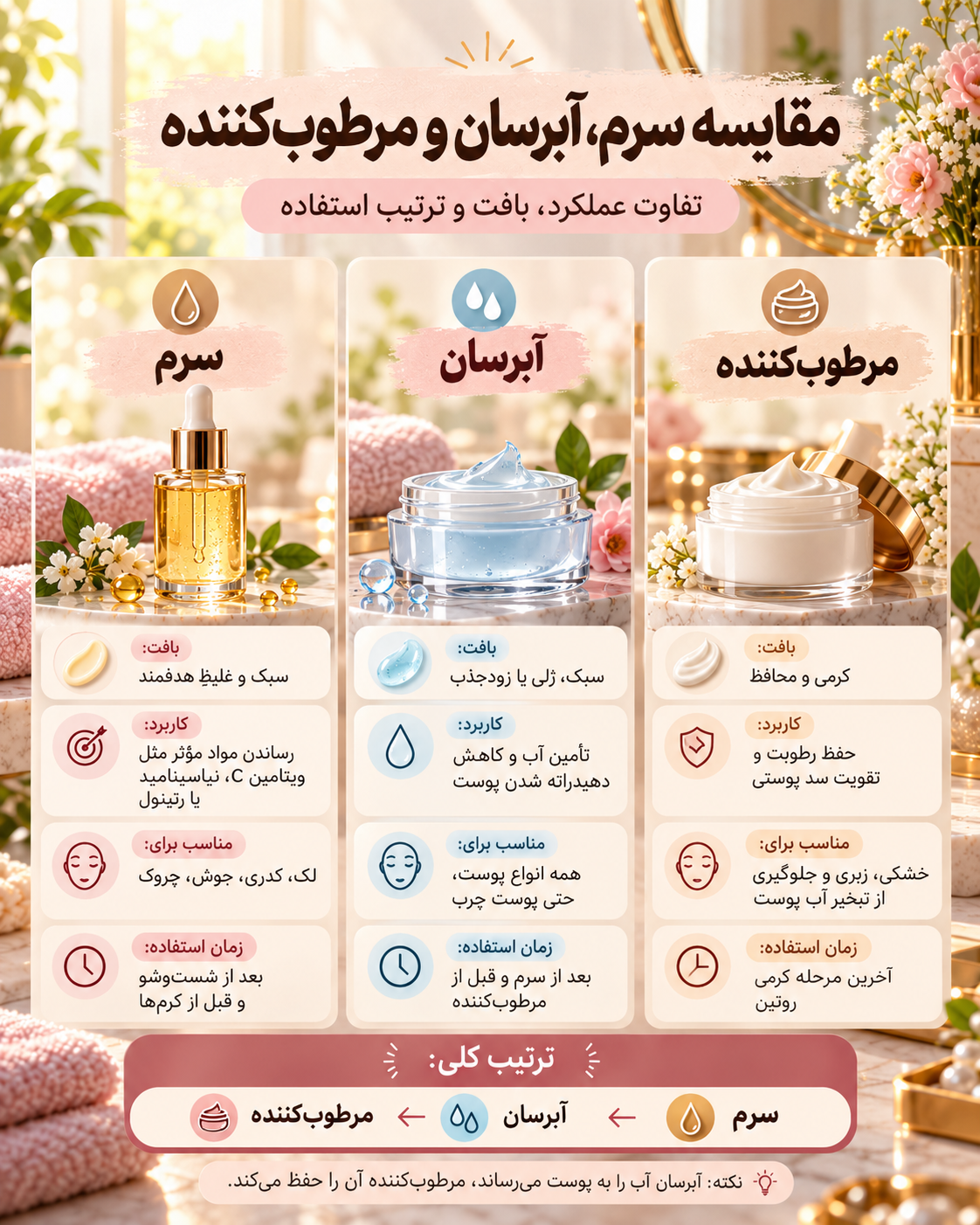 ترتیب استفاده از سرم آبرسان و مرطوب کننده